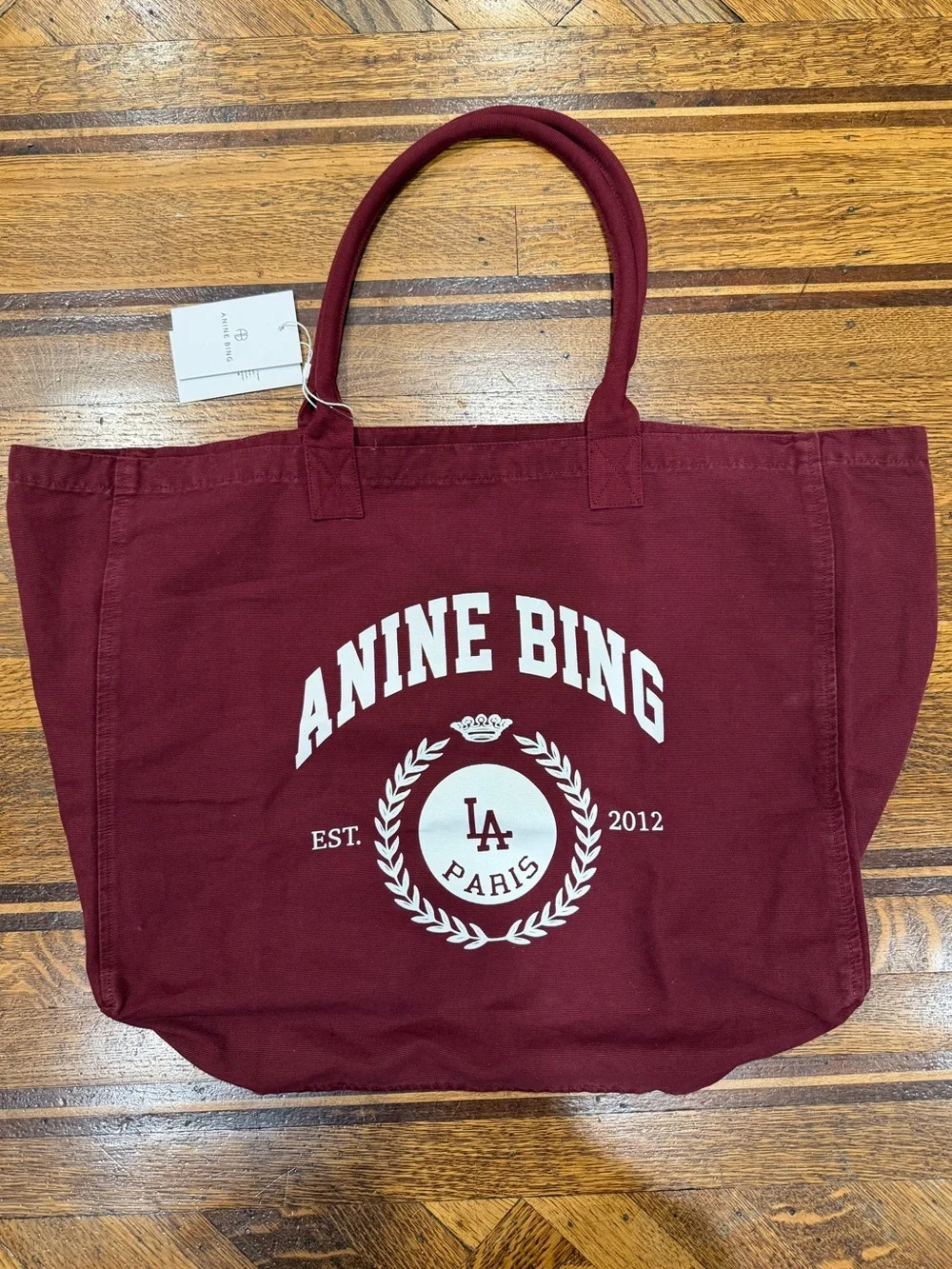 ANINE BING Leo Collegiate Canvas Tote – Burgundy – NWT